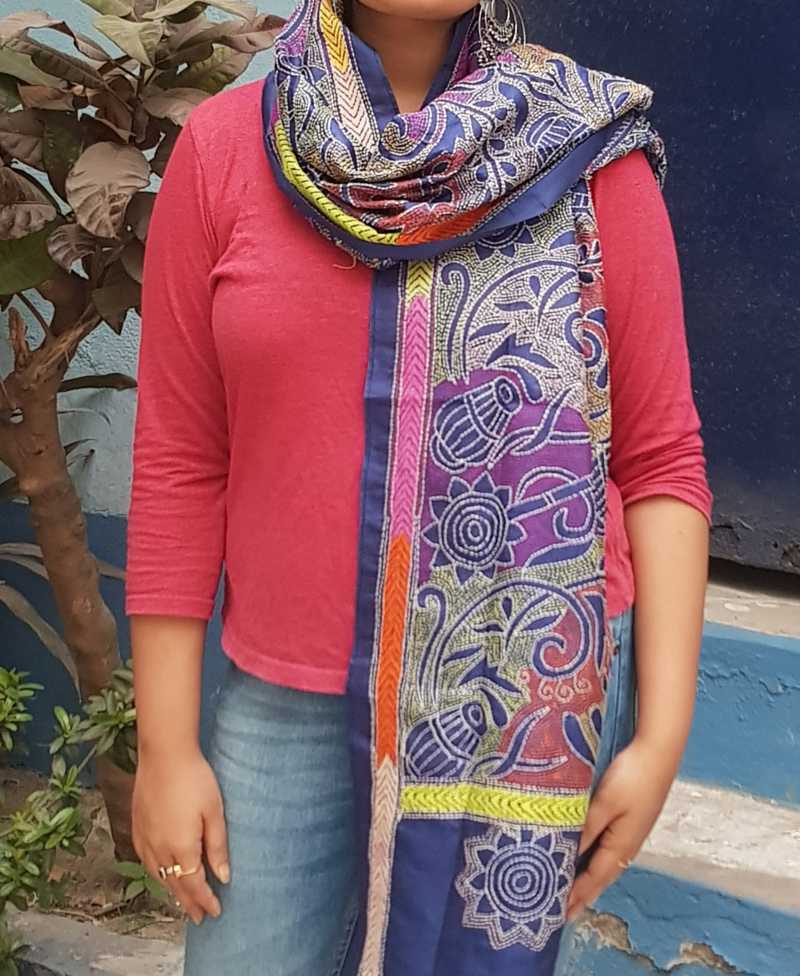 Blue Kantha Embroidery Stole