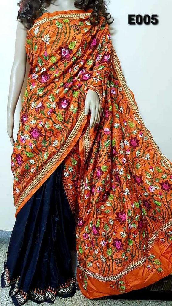 Orange and Black Bangalore Silk Kantha Stitch Saree