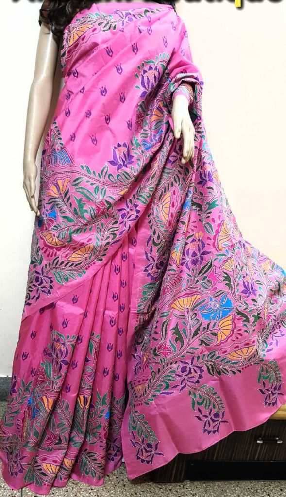 Rose Pink Bangalore Silk Kantha Stitch Saree