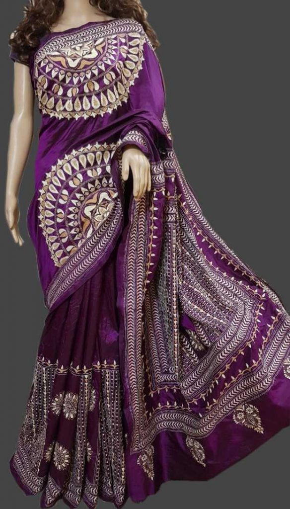 Royal Purple Bangalore Silk Kantha Stitch Saree