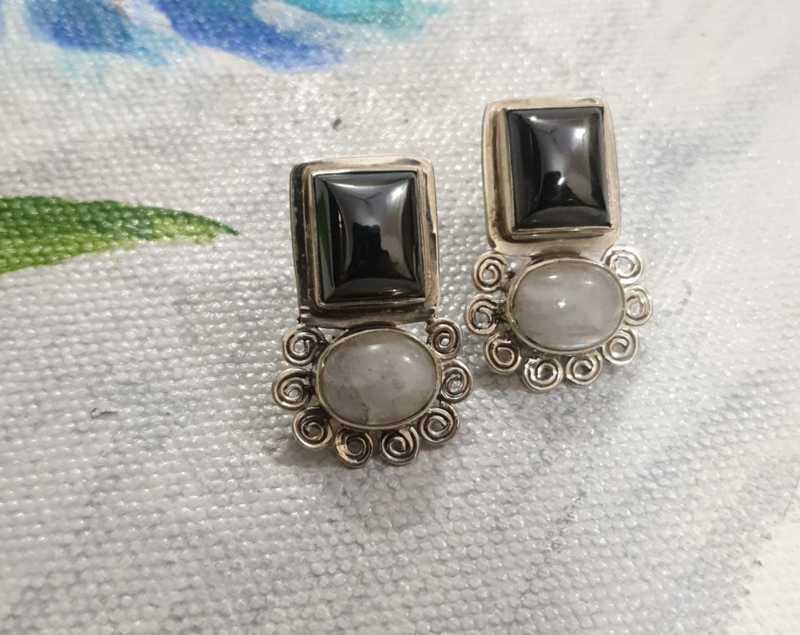 Haematite and Moonstone Pure Silver Studs