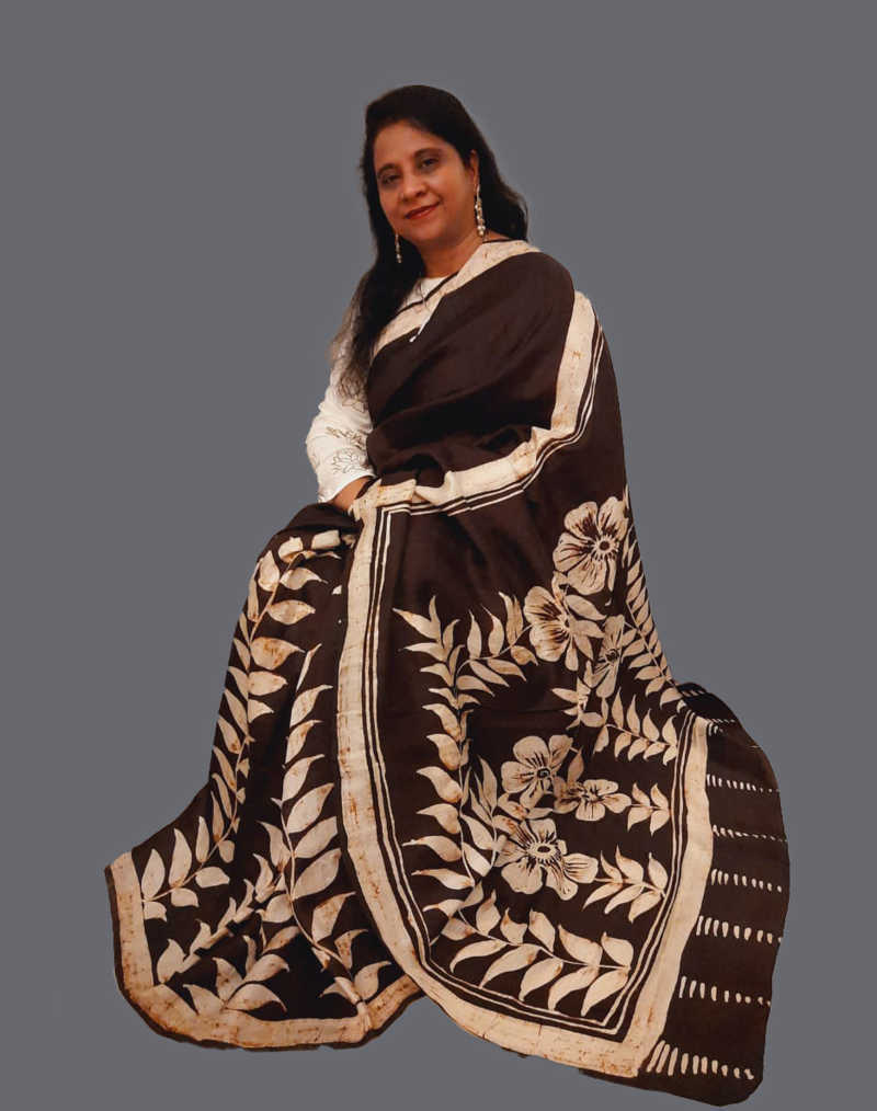 Umber Brown Murshidabad Silk Wax Batik Print Saree