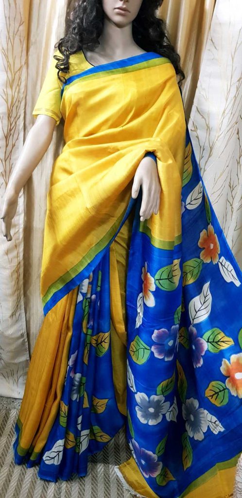 Yellow and Blue Murshidabad Silk Acid Painted Saree