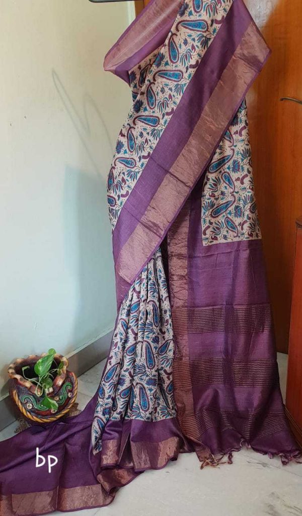 Purple and Off-White Tussar Silk Saree