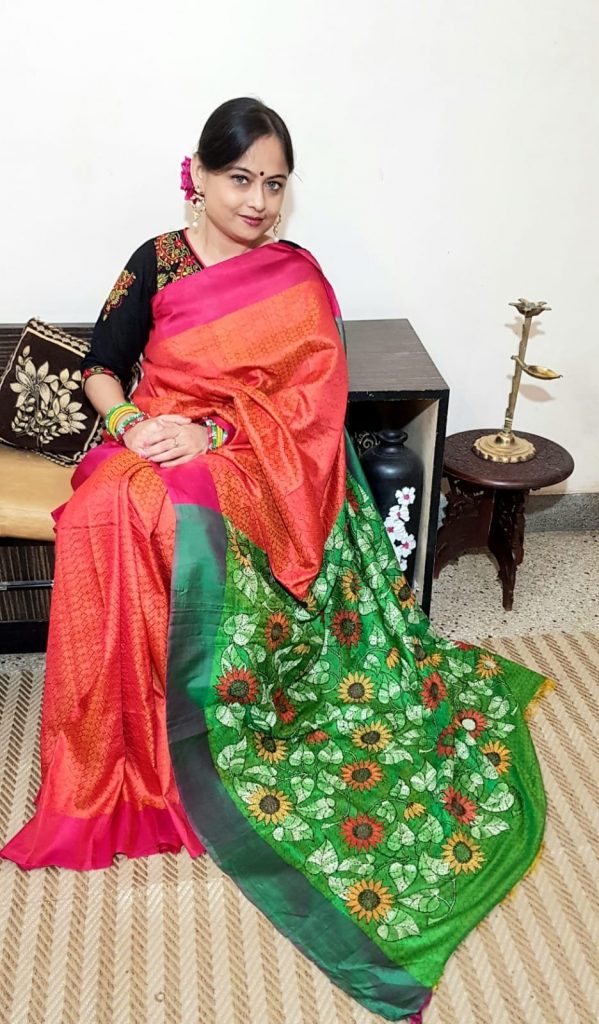 Orange And Green Bishnupuri Katan Silk Kantha Embroidered Saree