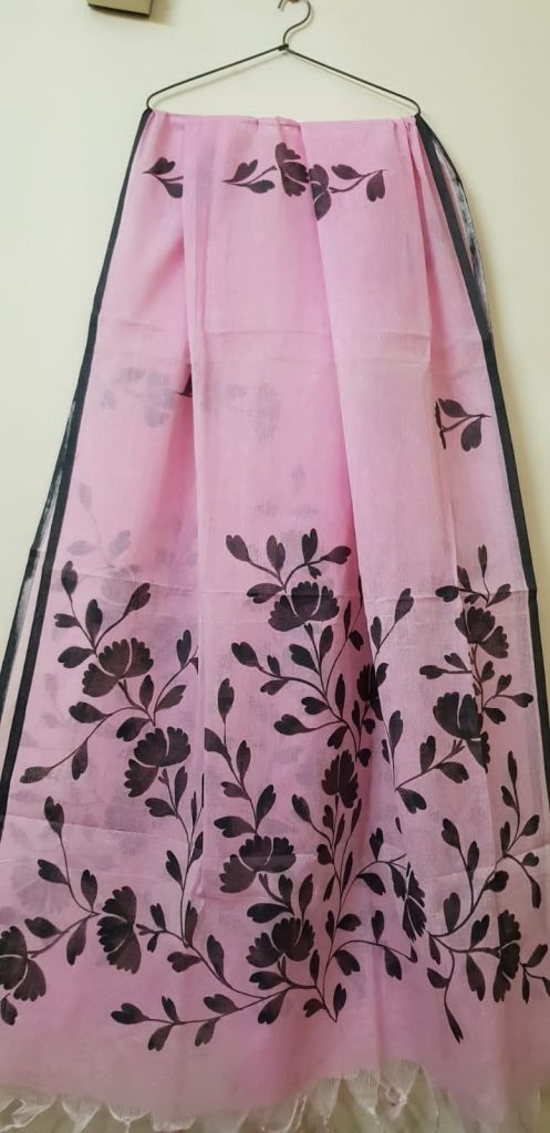 Pink and Black Cotton Hand Painted Dupatta