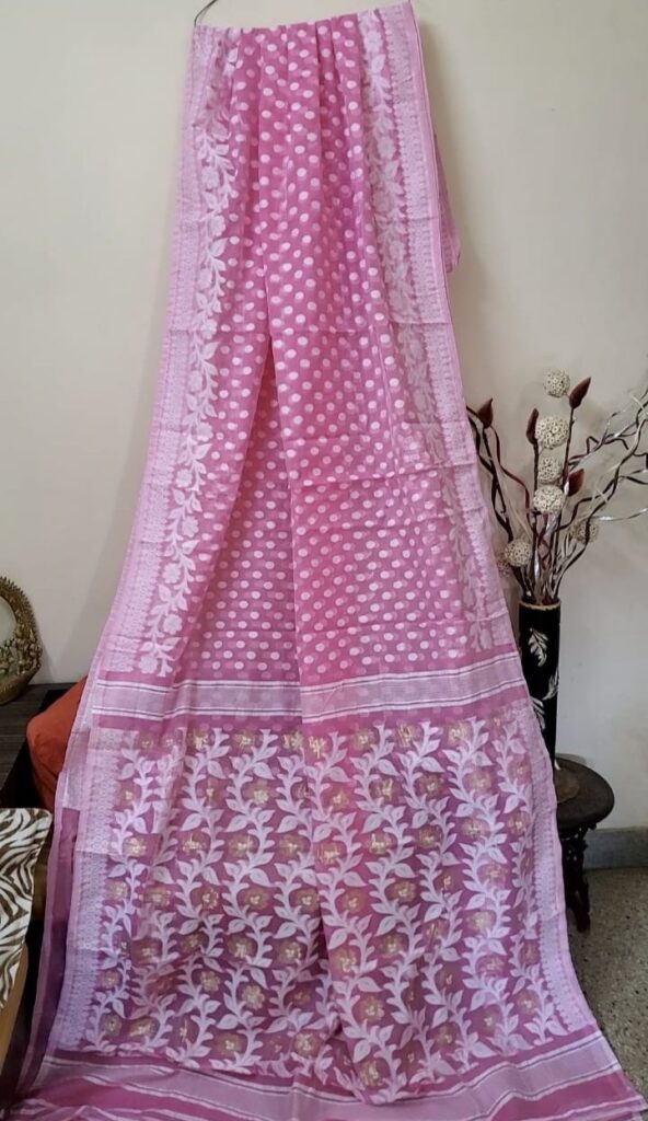 Pink jamdani copper and silver zari weaving saree